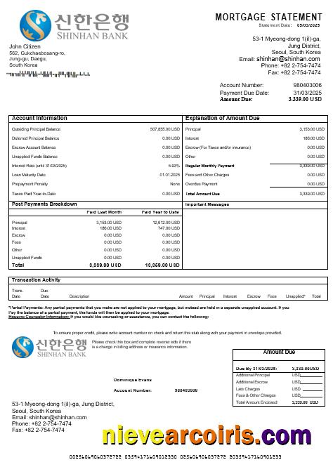 South Korea Shinhan Bank Mortgage Statement In Word And PDF Formats Sample
