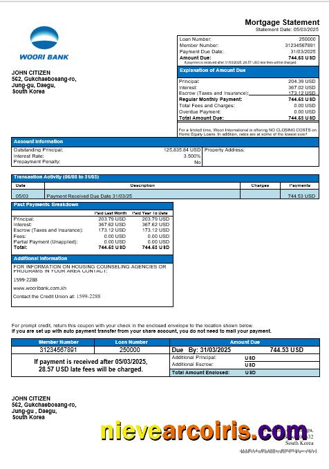 South Korea Woori Bank Mortgage Statement In Word And PDF Formats Photolook
