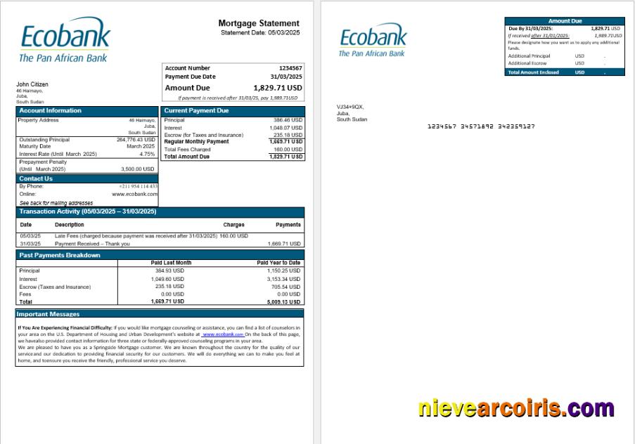 South Sudan Ecobank Bank Mortgage Statement In Word And PDF Formats Sample