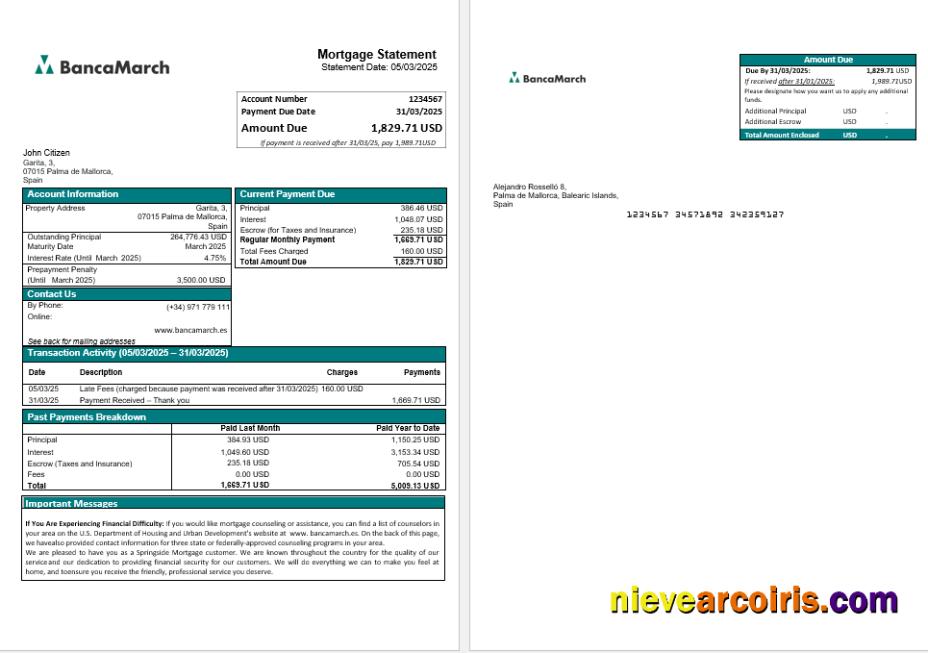 Spain Banca March Mortgage Statement In Word And PDF Formats Photolook