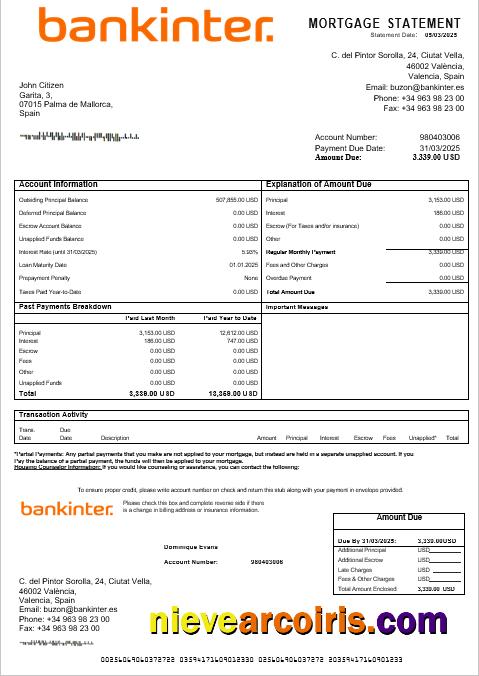 Spain Bankinter Bank Mortgage Statement In Word And PDF Formats Photolook