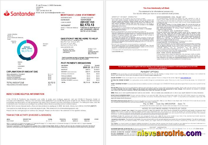 Spain Santander Bank Mortgage Statement In Word And PDF Formats 1 2 Sample