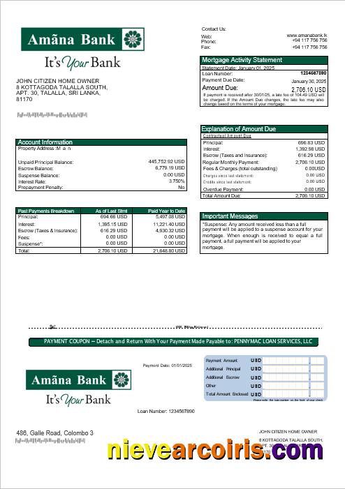 Sri Lanka Amana Bank Mortgage Statement In Word And PDF Formats Template