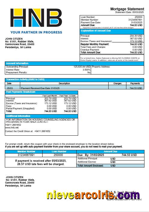 Sri Lanka Hatton National Bank Mortgage Statement In Word And PDF Formats Sample