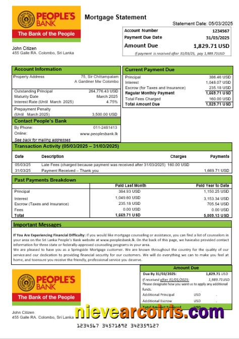 Sri Lanka People’s Bank Mortgage Statement In Word And PDF Formats Preview