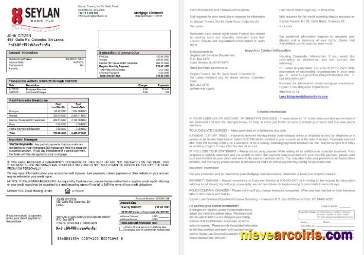 Sri Lanka Seylan Bank Mortgage Statement, 2 Pages Template