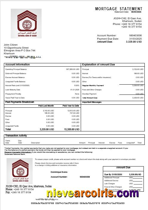 Sudanese National Bank Mortgage Statement In Word And PDF Formats Preview