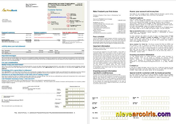 Suriname Finabank Bank Mortgage Statement In Word And PDF Formats, 2 Pages Photolook