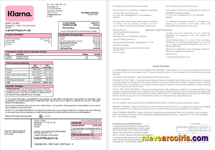 Sweden Klarna Bank Mortgage Statement In Word And PDF Formats Template