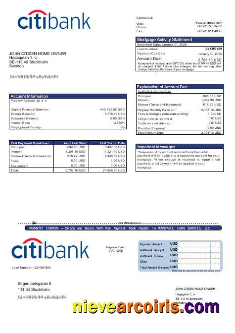Swedish Citibank Mortgage Statement In Word And PDF Formats Sample