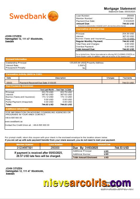 Swedish Swedbank Bank Mortgage Statement In Word And PDF Formats Photolook