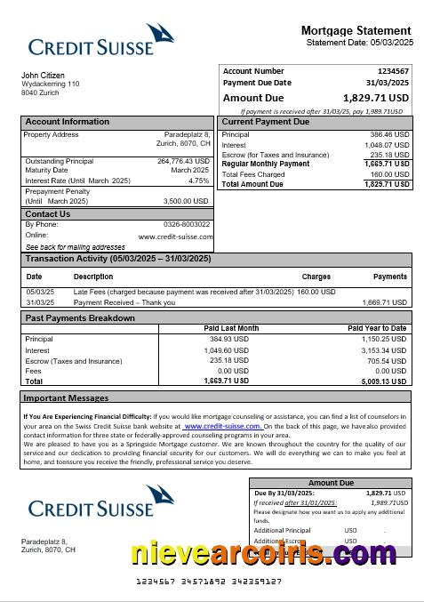 Swiss Credit Suisse Bank Mortgage Statement In Word And PDF Formats Sample