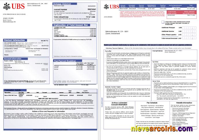 Swiss UBS Bank Mortgage Statement In Word And PDF Formats, 3 Pages 1 2 Photolook