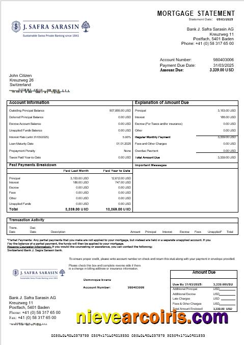 Switzerland Bank J. Safra Sarasin Bank Mortgage Statement In Word And PDF Formats Photolook