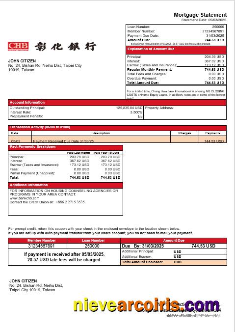 Taiwan Chang Hwa Bank Mortgage Statement In Word And PDF Formats Sample