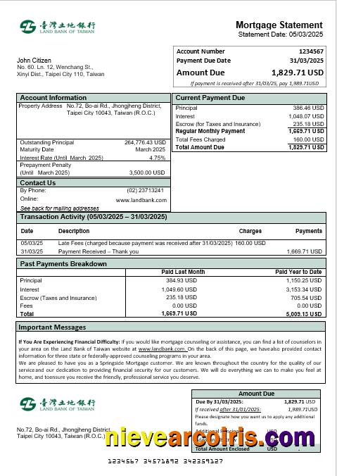 Taiwan Land Bank Of Taiwan Bank Mortgage Statement In Word And PDF Formats Preview