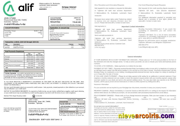 Tajikistan Alif Bank Mortgage Statement In Word And PDF Formats Photolook