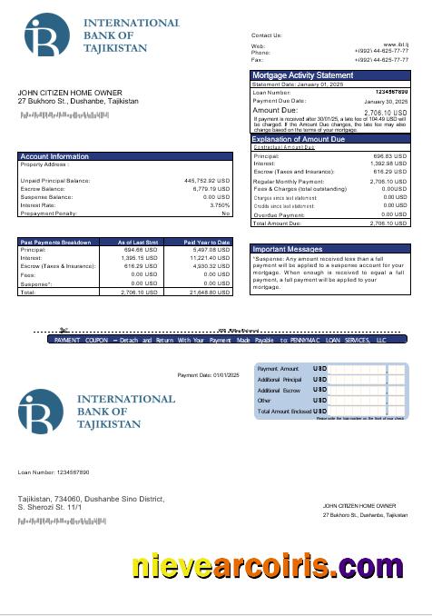 Tajikistan ITB Bank Mortgage Statement In Word And PDF Formats Preview