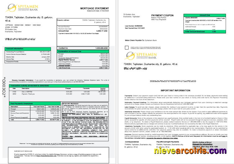 Tajikistan Spitamen Bank Mortgage Statement In Word And PDF Formats 1 2 Preview