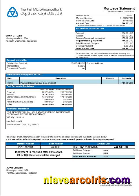 Tajikistani The First MicroFinance (FMFB) Mortgage Statement In Word And PDF Formats Photolook