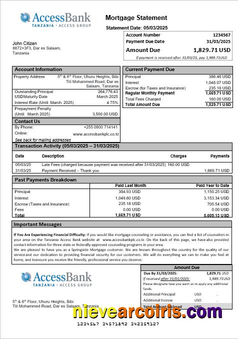 Tanzania Access Bank Mortgage Statement In Word And PDF Formats Sample