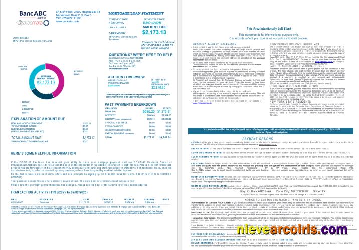 Tanzania BancABC Bank Mortgage Loan Statement In Word And PDF Formats , 4 Pages 1 2 Preview