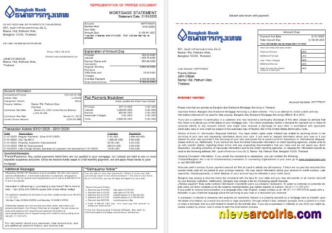 Thailand Bangkok Bank Mortgage Statement In Word And PDF Formats, 3 Pages 1 2 Preview