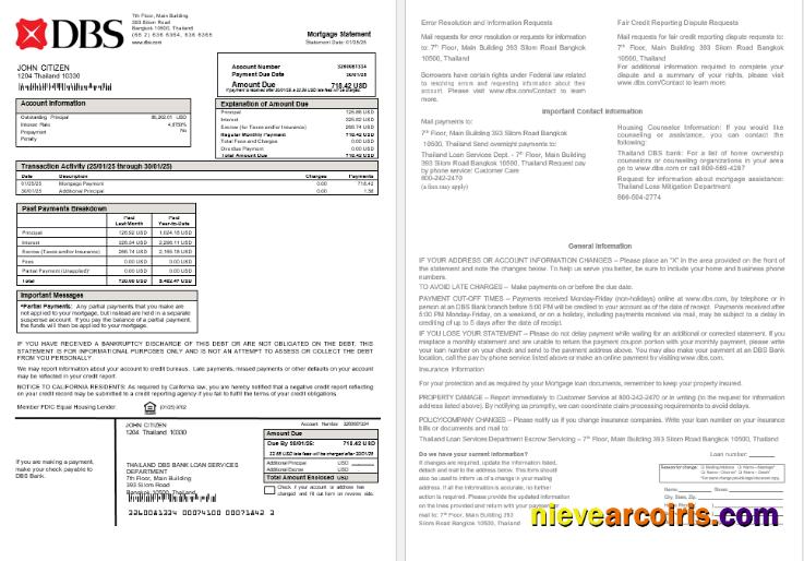 Thailand DBS Bank Mortgage Statement In Word And PDF Formats Template