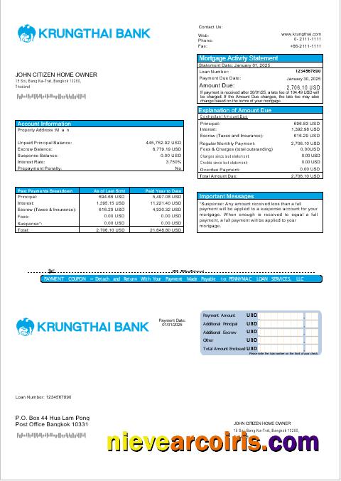 Thailand Krungthai Bank Mortgage Statement In Word And PDF Formats Sample