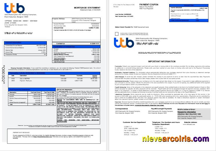 Thailand TMBThanachart Bank Mortgage Statement In Word And PDF Formats 1 2 Photolook