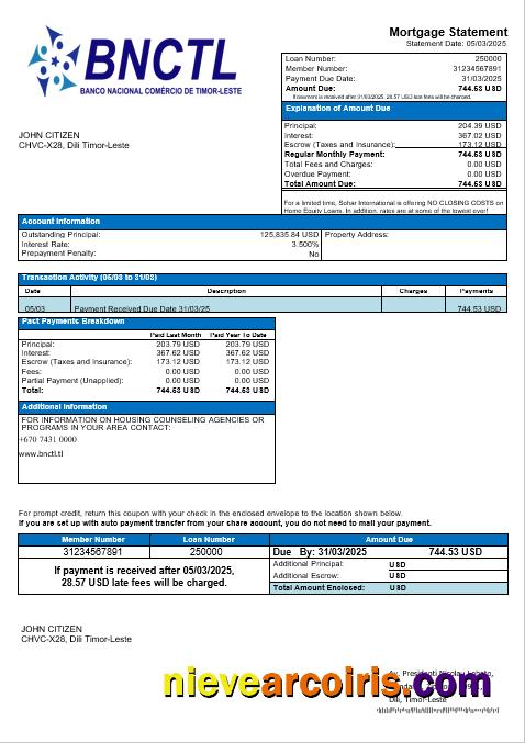 Timor Leste BNCTL Bank International Mortgage Statement In Word And PDF Formats Template