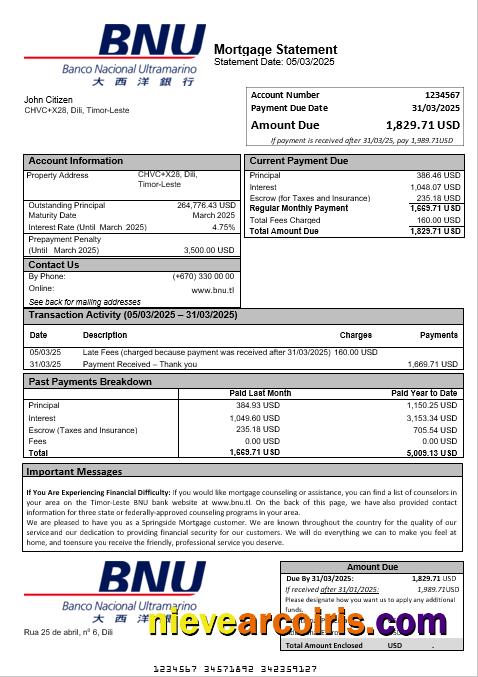 Timor Leste BNU Bank Mortgage Statement In Word And PDF Formats Template