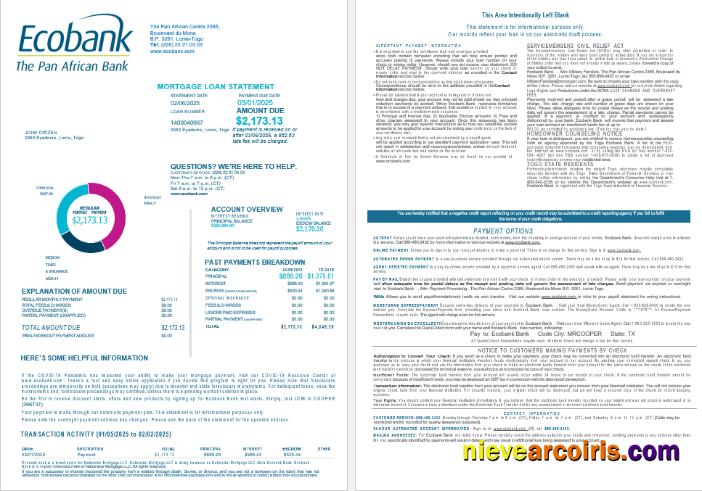 Togo Ecobank Bank Mortgage Loan Statement In Word And PDF Formats , 4 Pages 1 2 Preview