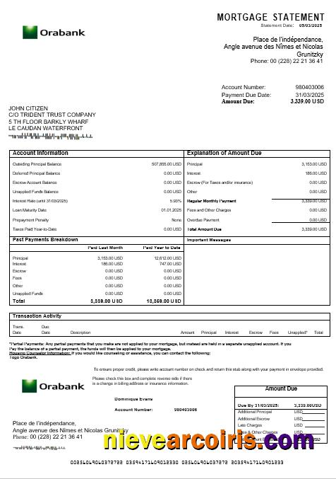 Togo Orabank Mortgage Statement In Word And PDF Formats Template
