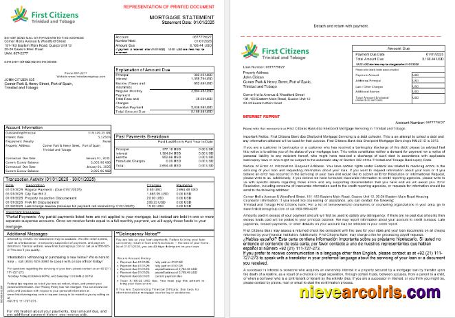 Trinidad And Tobago First Citizens Bank Mortgage Statement In Word And PDF Formats, 3 Pages 1 2 Sample
