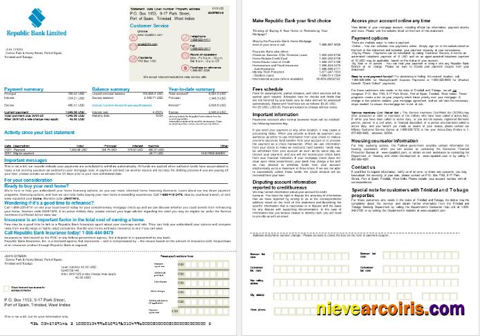 Trinidad And Tobago Republic Bank Mortgage Statement In Word And PDF Formats, 2 Pages Preview