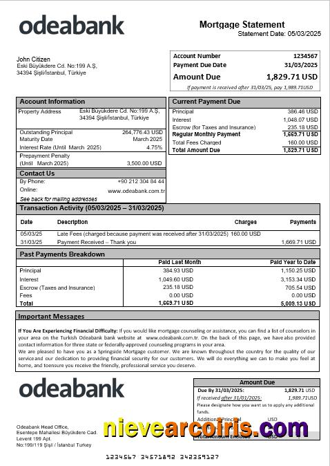 Turkish Odeabank Bank Mortgage Statement In Word And PDF Formats Sample