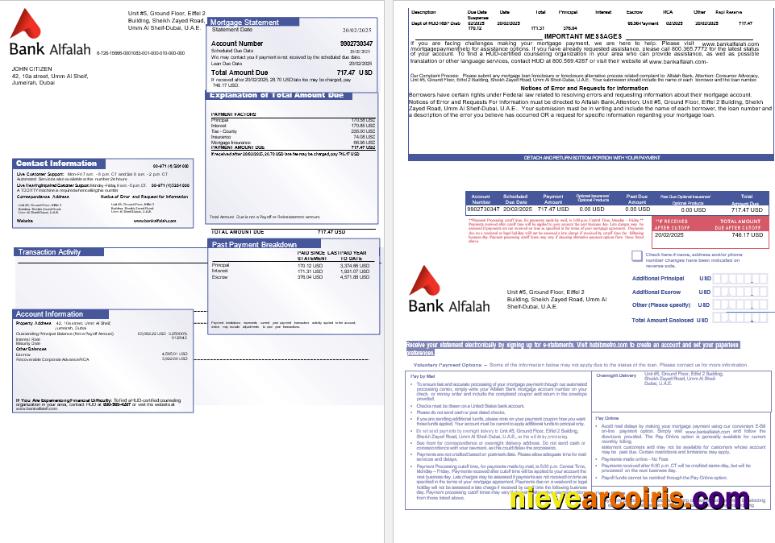 UAE Abu Dhabi Bank Alfalah Mortgage Statement In Word And PDF Formats, 3 Pages 1 2 Photolook