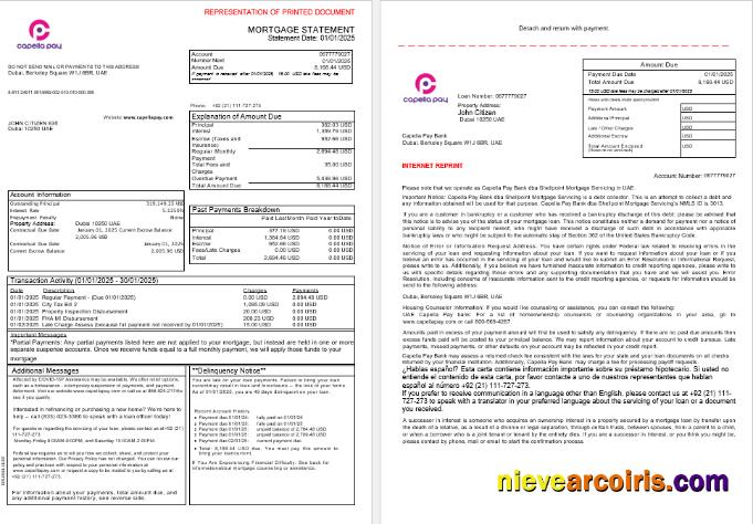 UAE Capella Pay Bank Mortgage Statement In Word And PDF Formats, 3 Pages 1 2 Sample