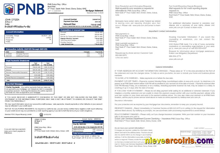 UAE Dubai PNB Bank Mortgage Statement In Word And PDF Formats Photolook