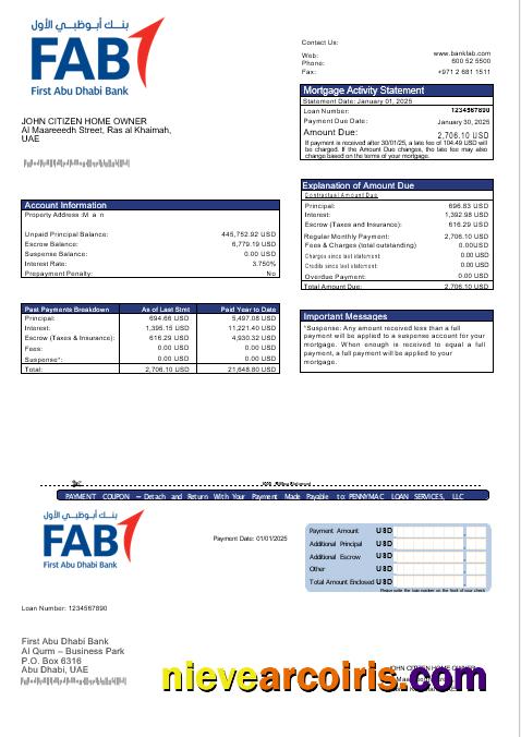 UAE First Abu Dhabi Bank Mortgage Statement In Word And PDF Formats Sample