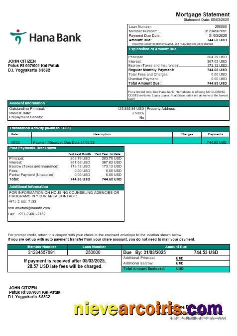 UAE Keb Hana Bank Mortgage Statement In Word And PDF Formats Template