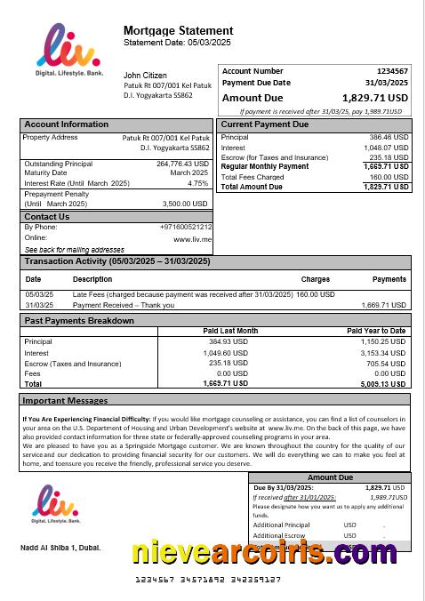 UAE Liv. Digital Bank Mortgage Statement In Word And PDF Formats Template