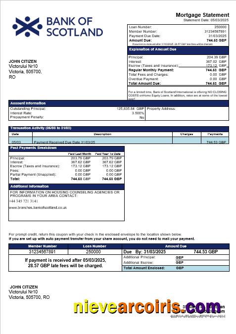 UK Bank Of Scotland Mortgage Statement In Word And PDF Formats Sample