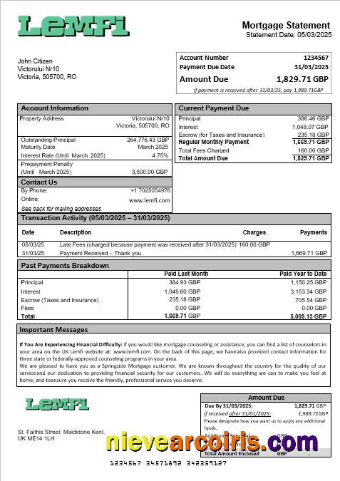 UK Lemfi Mortgage Statement In Word And PDF Formats Sample