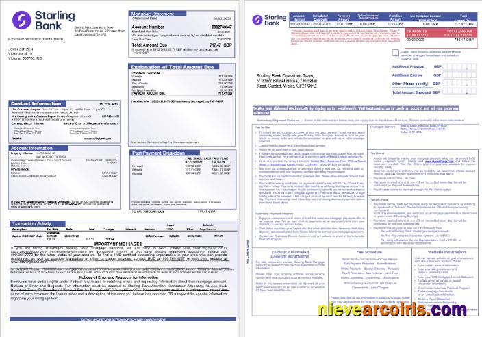UK Starling Bank Mortgage Statement In Word And PDF Formats, 3 Pages Sample
