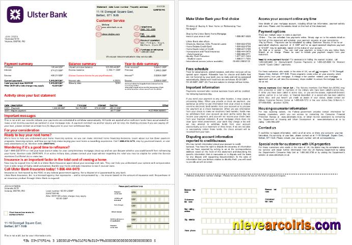 UK Ulster Bank Mortgage Statement In Word And PDF Formats, 2 Pages Preview