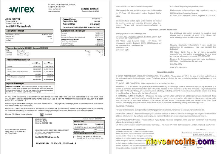 UK Wirex Mortgage Statement In Word And PDF Formats Sample