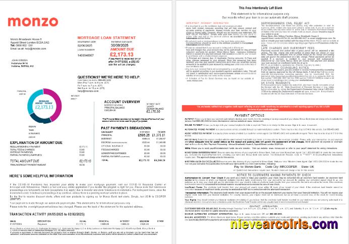 UK Monzo Bank Mortgage Loan Statement In Word And PDF Formats , Preview