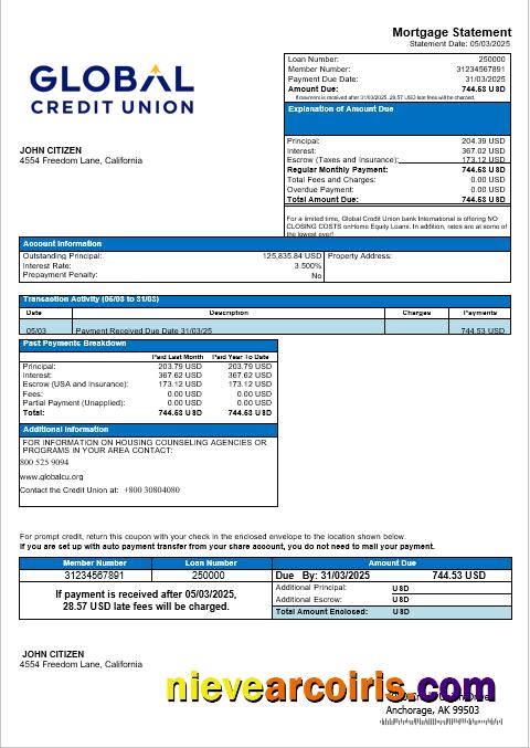 USA Alaska Global Credit Union Bank Mortgage Statement In Word And PDF Formats Template